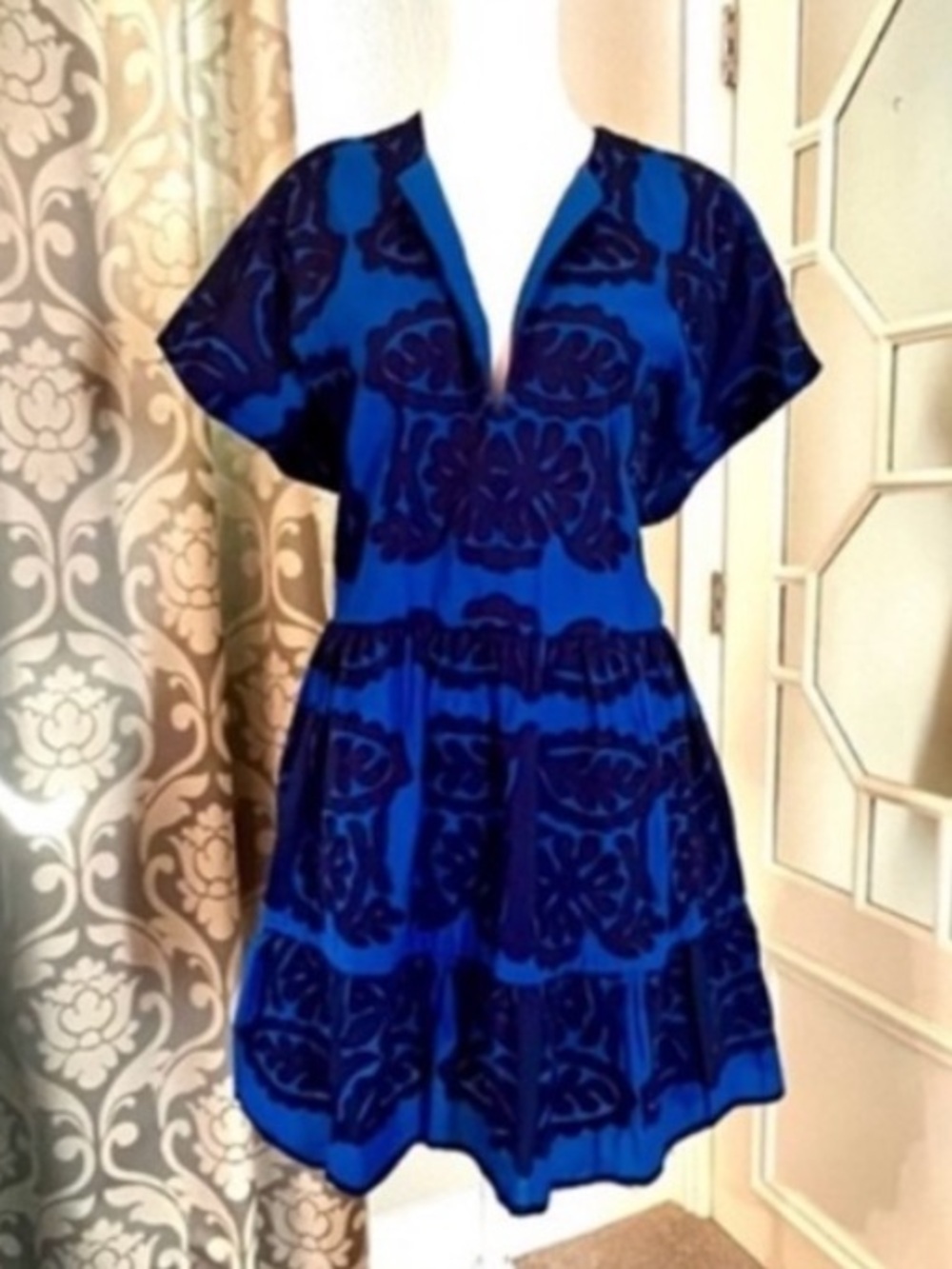 Zara Cobalt Royal Blue/Black Boho Aztec Embroidered Floral Mini Dress - Size L - Picture 2 of 6